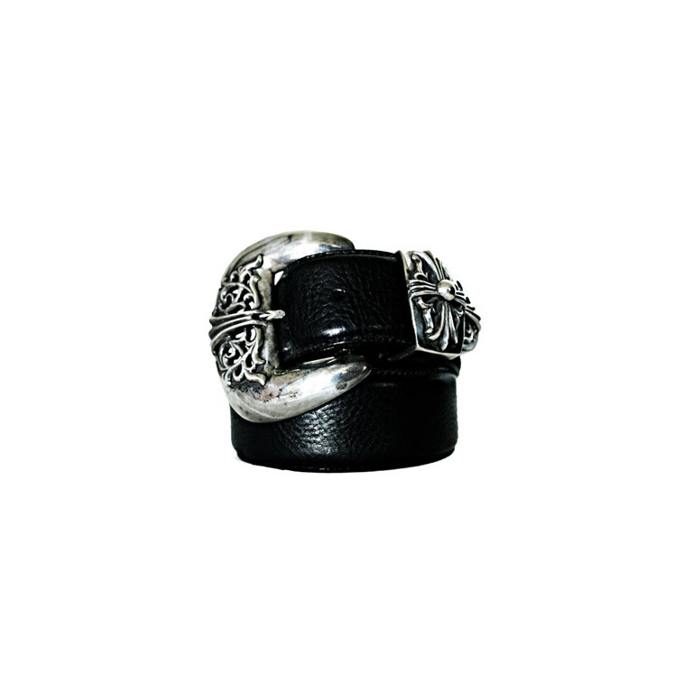 Chrome Hearts leather belt with detailed silver buckle and tip For Sale