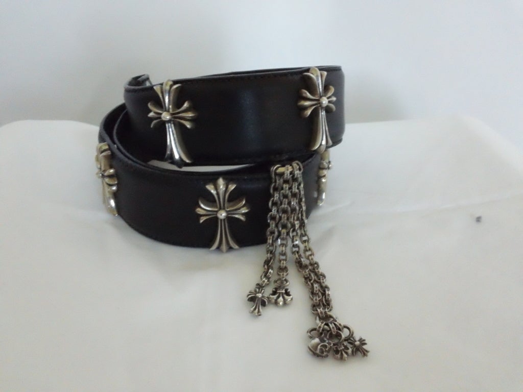 This Chrome Hearts black Leather strap with silver crosses and hanging silver charms can be attached to any Chrome Hearts Buckle. Great to accessorize with all designers
especially Chanel.
Contact dealer for measurements.