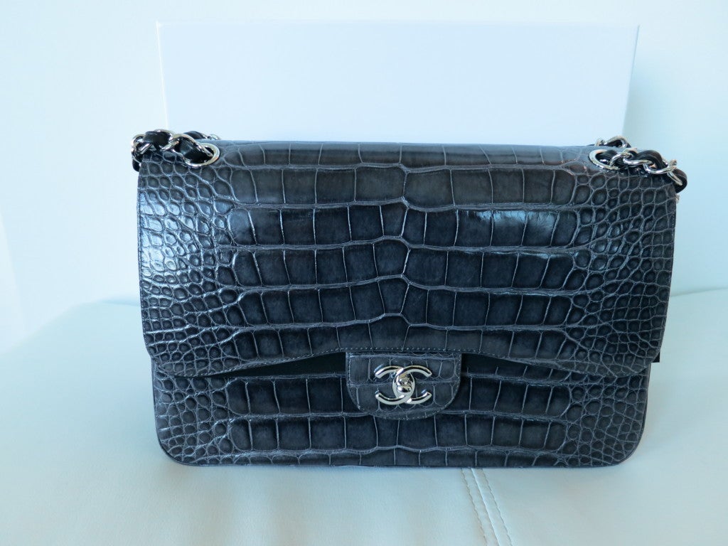 Chanel Custom-Made Grey Alligator Classic Double Flap Bag For Sale 1