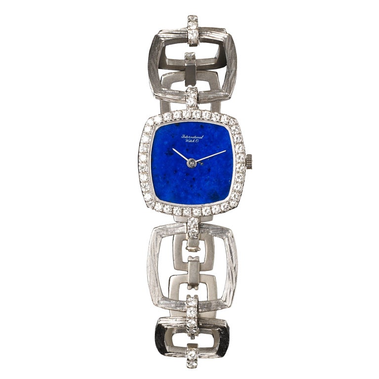 IWC Lady's White Gold Diamond Lapis Lazuli Dial Bracelet Wristwatch For Sale