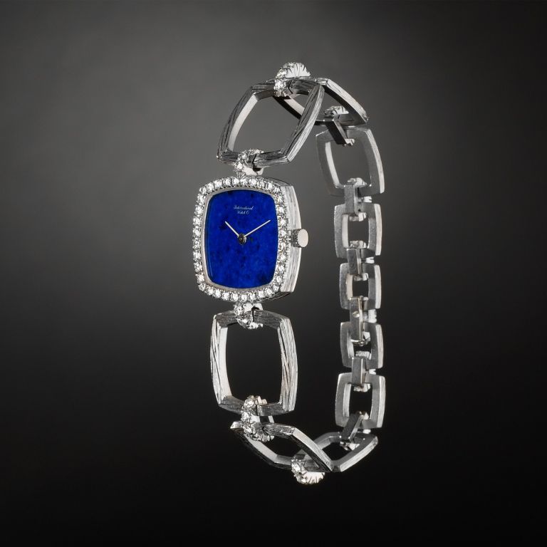 IWC 18k white gold and diamond lady's bracelet watch, Ref. 7556. Ultra-thin mechanical movement. Case no. 2018054. 

In over twenty years we have never seen such a rare and beautiful watch iconic of its period.

It has a wonderful lapis lazuli