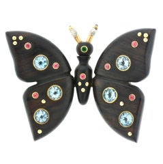 Beautiful French Gem-Set Wood Butterfly Brooch