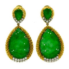 Carved Jade and Diamond Gold Earrings