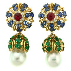 David Webb Gem Set Earrings with South Sea Pearl Drops