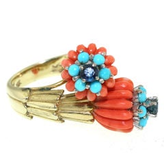 Coral, Turquoise and Sapphire Cocktail Ring