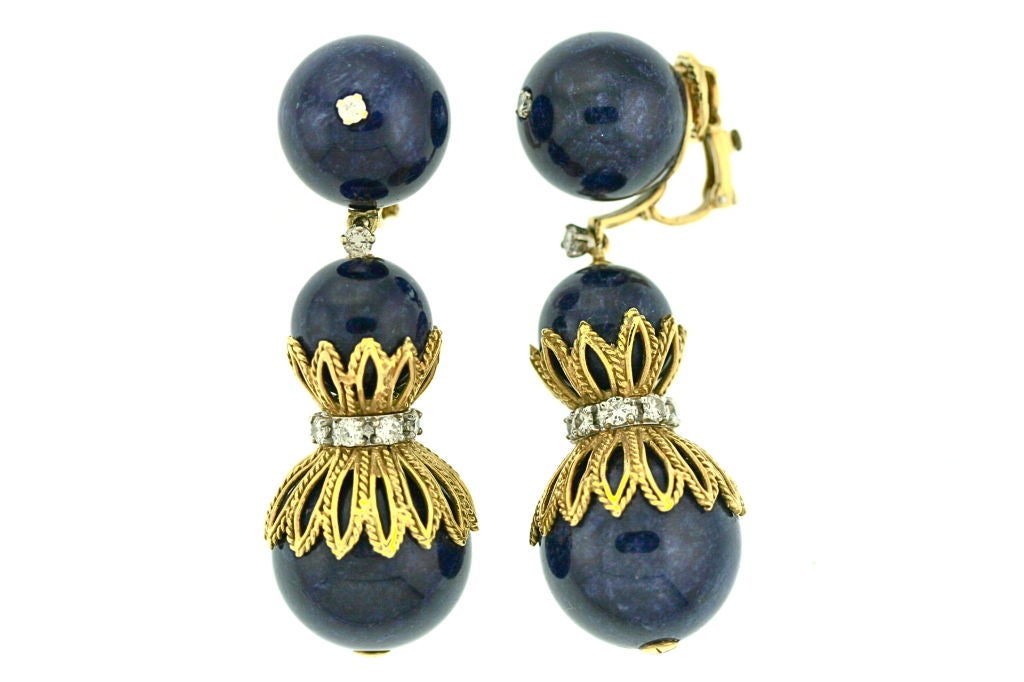 Women's French Dangling Lapis and Diamond Ear Clips