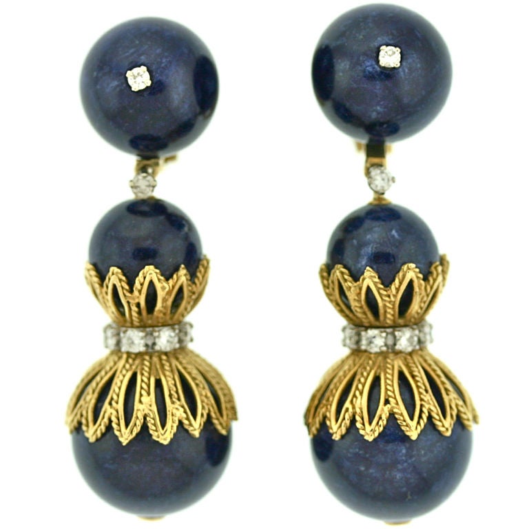 French Dangling Lapis and Diamond Ear Clips