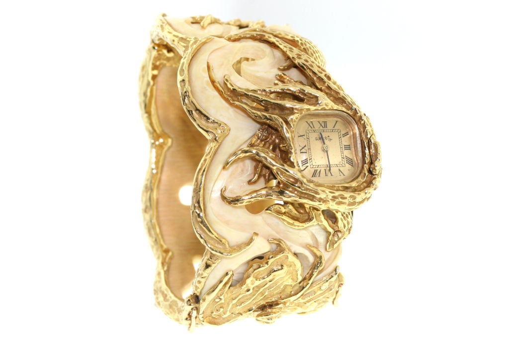 Spectacular One-of-a-Kind Arthur King Ivory and Gold Cuff Watch