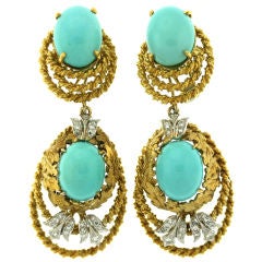 Beautiful 1960s Turquoise and Diamond Ear Pendants