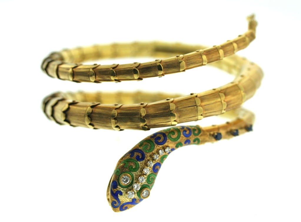 1960s Enamel, Diamond and Sapphire Upper Arm Serpent Bracelet