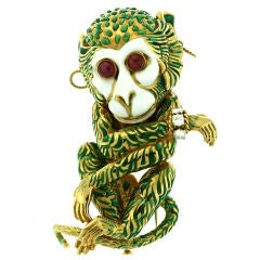 DAVID WEBB Bejeweled Enamel Monkey Brooch Clip