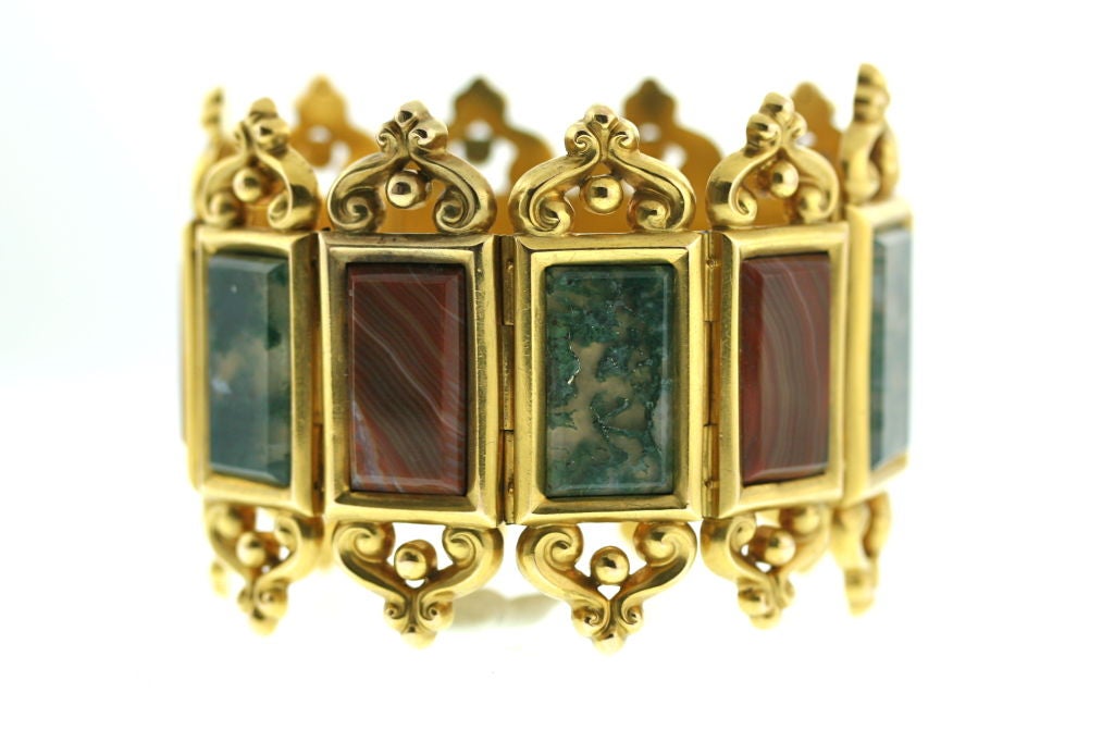Rare Victorian Gothic Revival Gold Agate Cuff Bracelet
