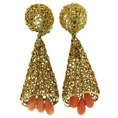 1960s Lacey Gold and Coral Drop Ear Clips