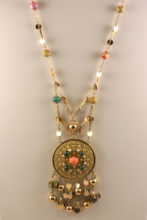 Women's 1960s Malaysian Long Gold and Hardstone Necklace