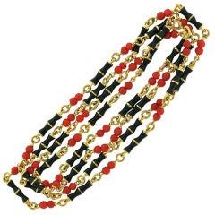 Coral and Enamel Long Gold Chain
