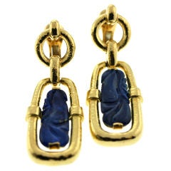 DAVID WEBB Carved Lapis and Hammered Gold Ear Clips