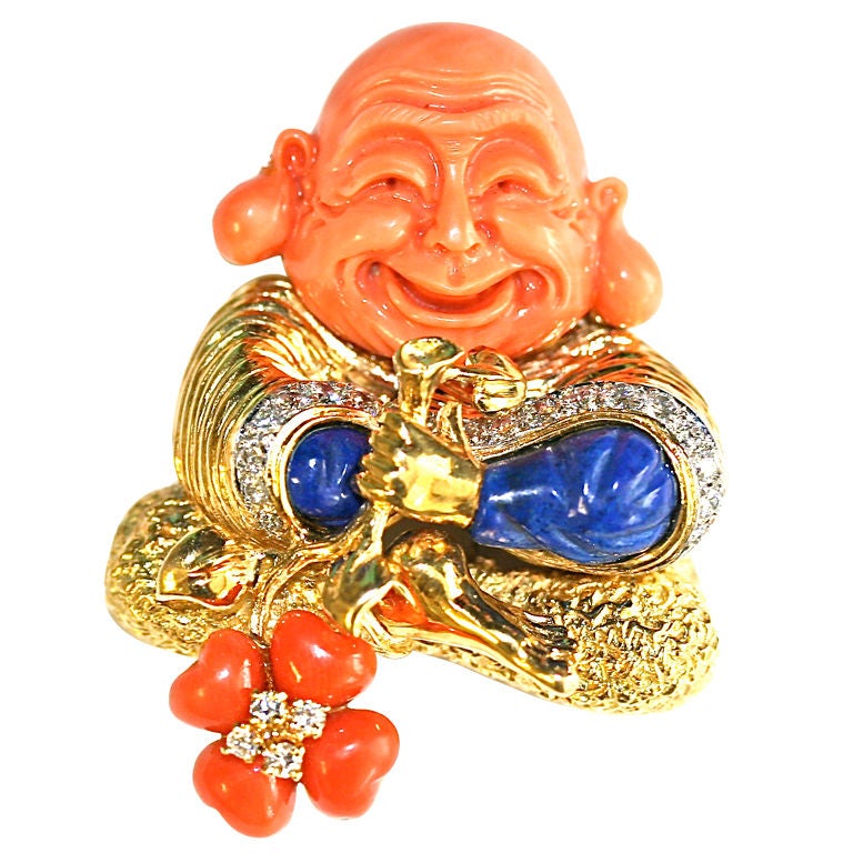 TIFFANY & Co Carved Coral, Lapis and Diamond Buddha Brooch Clip