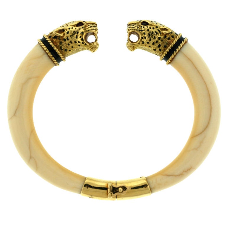 French Gold and Ivory Confronting Leopard Head Bangle