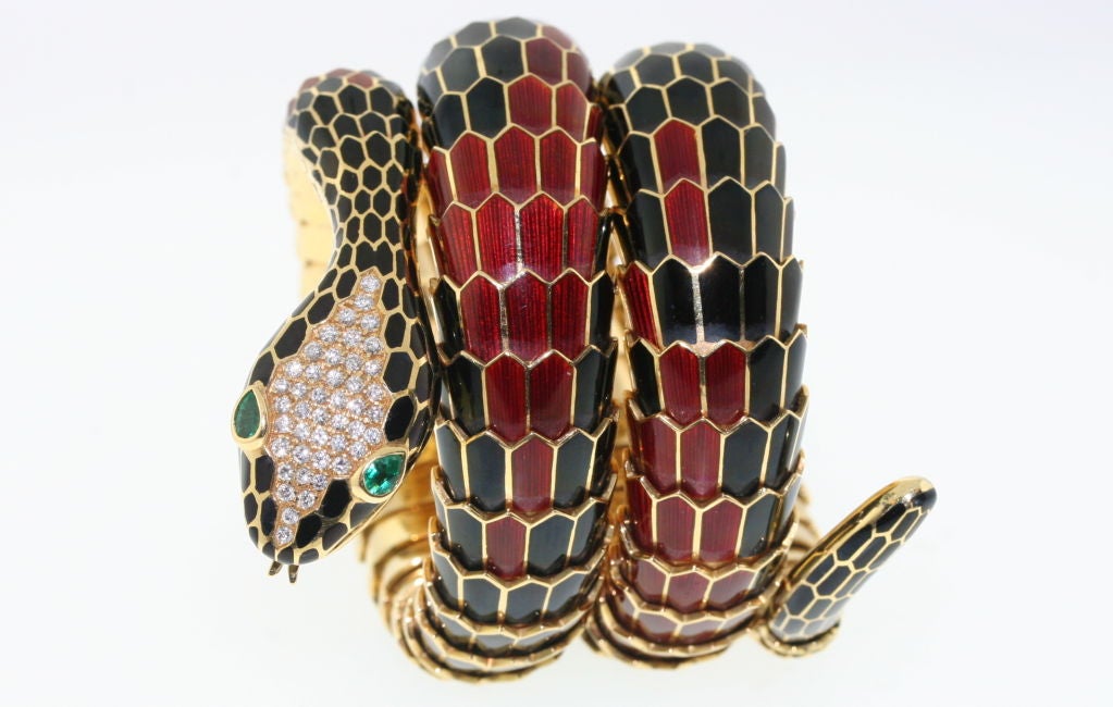 Enamel And Diamond Coiled Serpent Bracelet