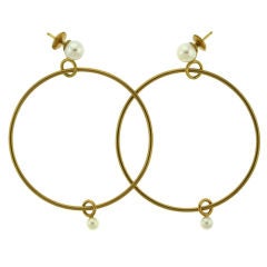 HERMES Large Gold and Pearl Hoop Earrings