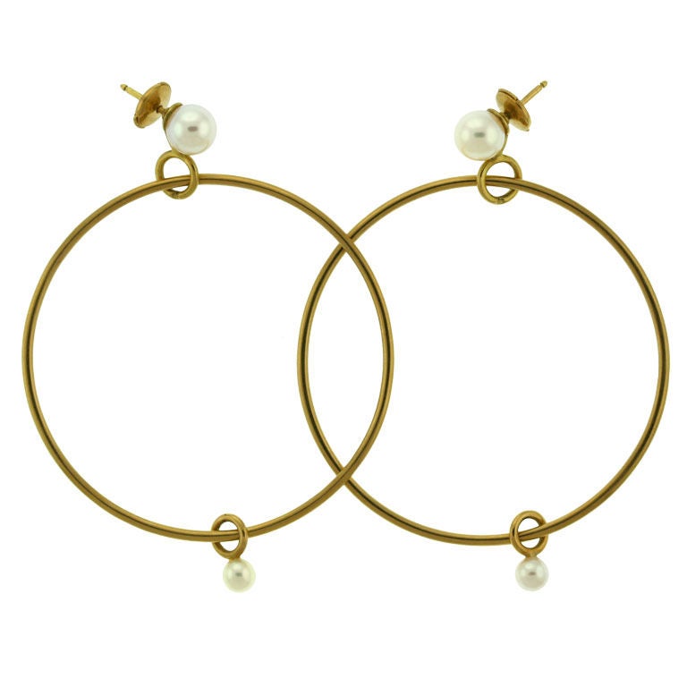 HERMES Large Gold and Pearl Hoop Earrings