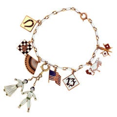 White Enamel 1930s Gold Charm Bracelet