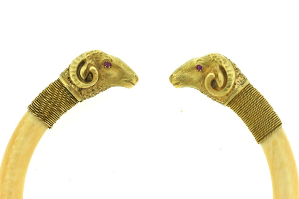 A lovely ivory and 18k gold bangle of a confronting ram's head motif with ruby eyes. 8