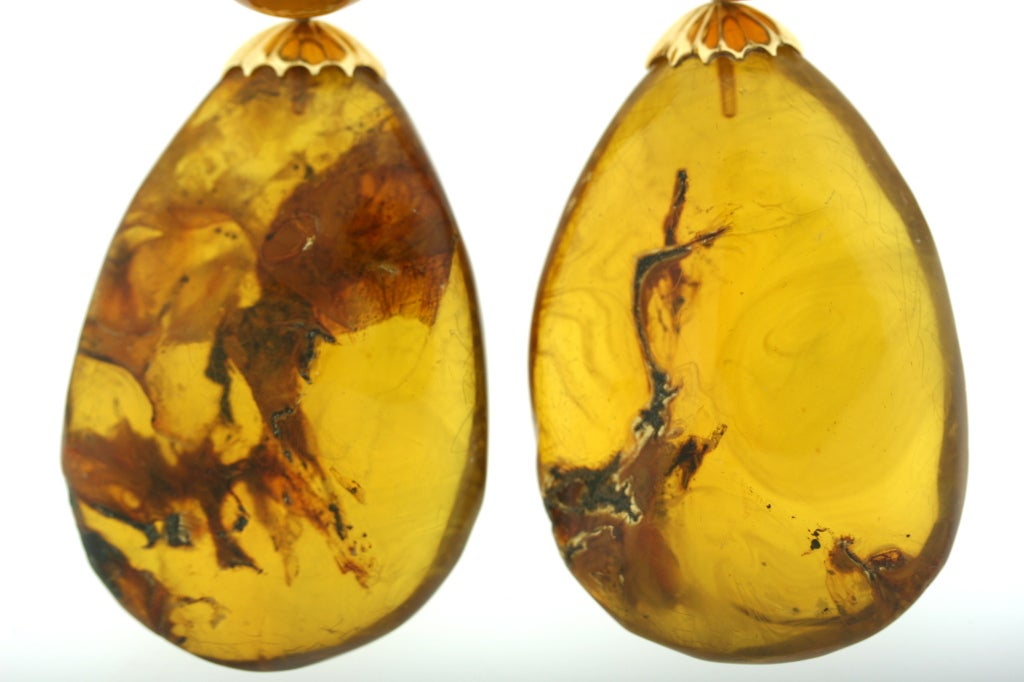 Beautifully formed amber ear pendants of a wonderful gradient of color and material set in 18k gold. These earrings measure nearly 3.75