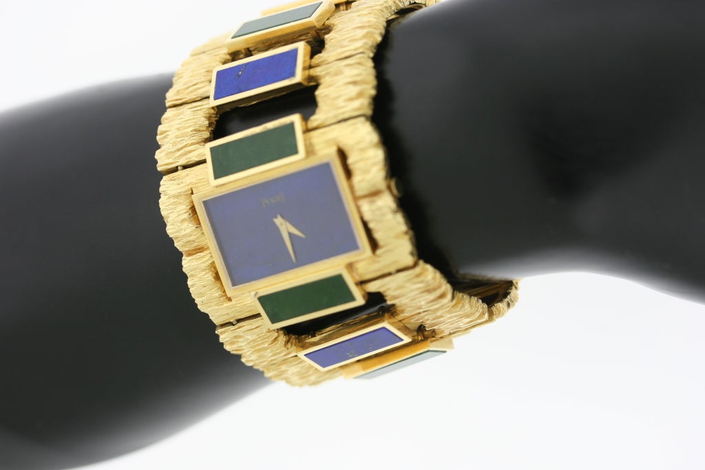 PIAGET Yellow Gold Lapis and Nephrite Cuff Bracelet Watch 2