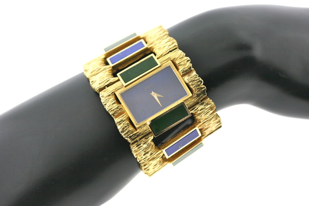 PIAGET Yellow Gold Lapis and Nephrite Cuff Bracelet Watch 3