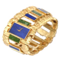 PIAGET Yellow Gold Lapis and Nephrite Cuff Bracelet Watch