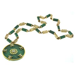 1960s Shou (Good Fortune) Malachite Gold Necklace