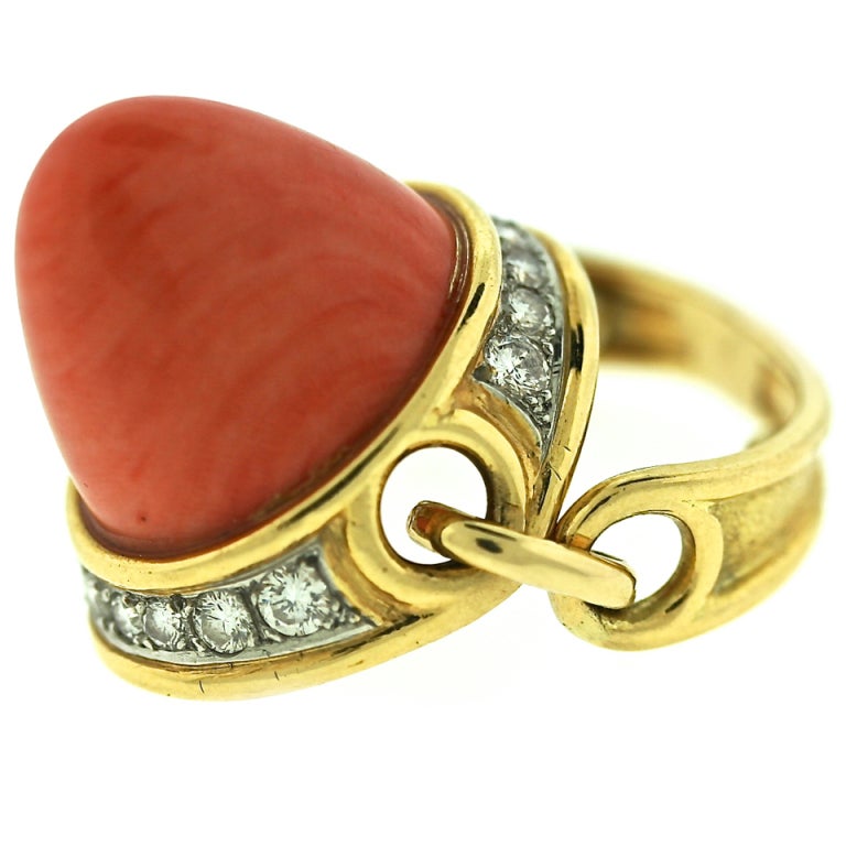 Schluger Coral Gold And Diamond Chain Design Ring For Sale