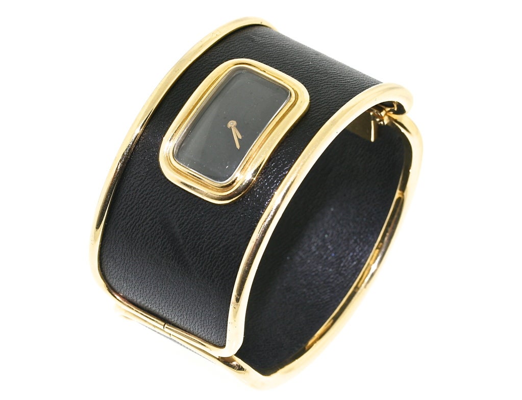 Leather and Gold Cuff Bracelet Watch In Excellent Condition In New York, NY