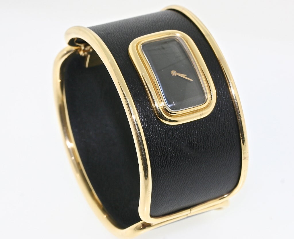 Leather and Gold Cuff Bracelet Watch 3