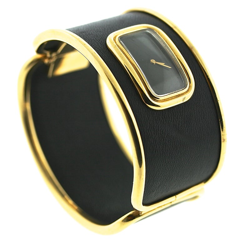 Leather and Gold Cuff Bracelet Watch at 1stdibs