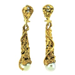 ARTHUR KING Textured Gold, Pearl and Diamond Earrings