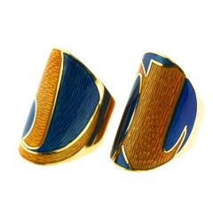 Pair of Colorful Abstract Design Enamel and Gold Rings