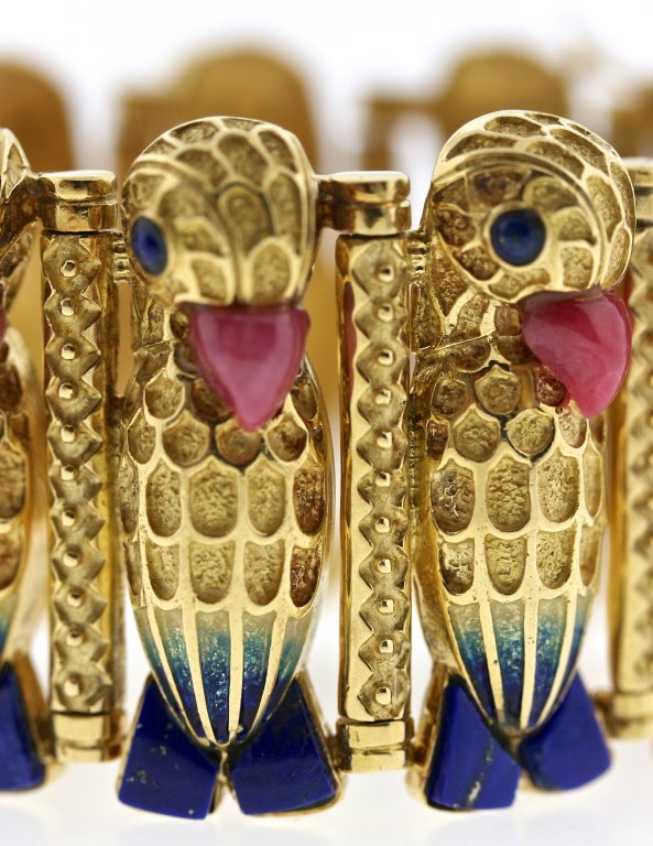 Women's Exquisite Parrot Lapis, Rhodochrosite & Enamel Gold Bracelet