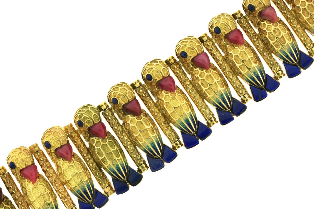 Exquisite Parrot Lapis, Rhodochrosite & Enamel Gold Bracelet 1