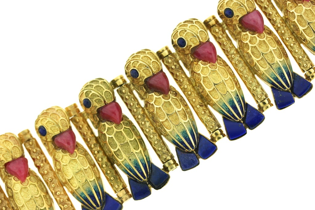 Exquisite Parrot Lapis, Rhodochrosite & Enamel Gold Bracelet 2