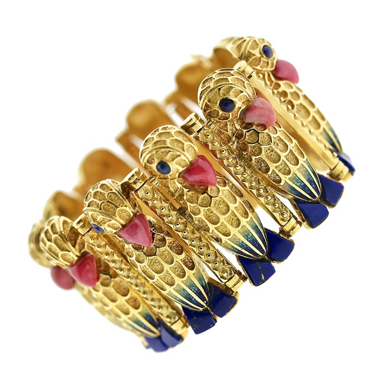 Exquisite Parrot Lapis, Rhodochrosite & Enamel Gold Bracelet