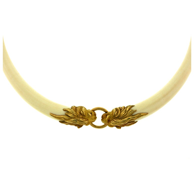 GAY FRERES Gold and Ivory Confronting Lions French Necklace at 1stDibs