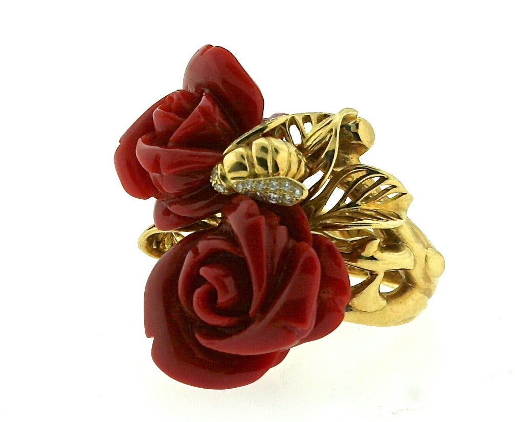 DIOR Carved Coral and Diamond Double Rose and Bee Ring