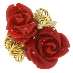 DIOR Carved Coral and Diamond Double Rose and Bee Ring