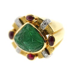 DAVID WEBB Carved Emerald Ruby Diamond Ring