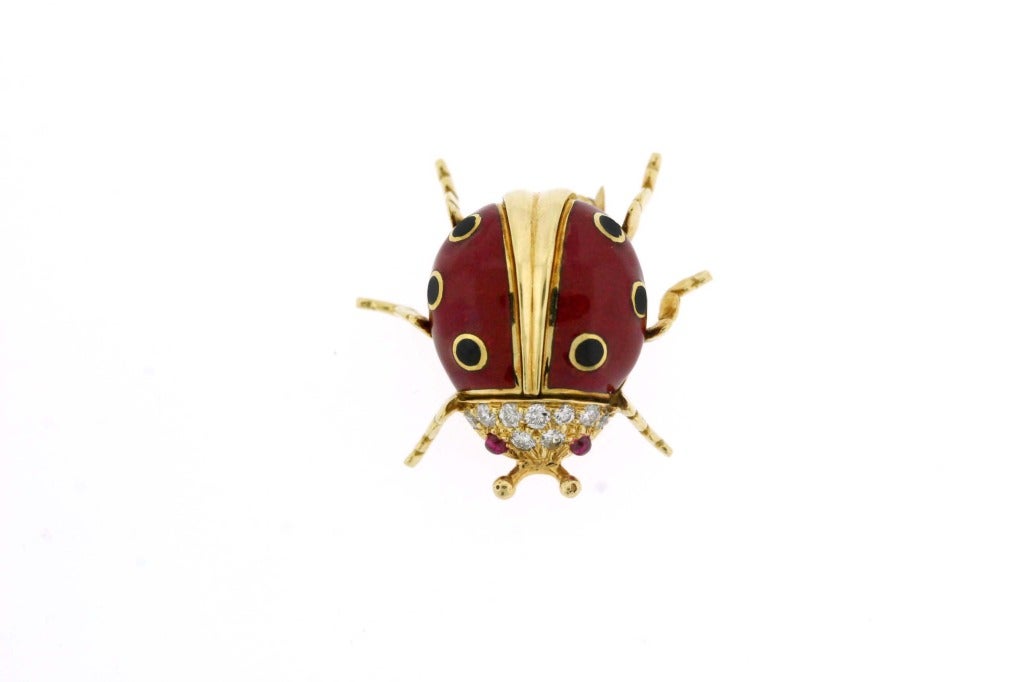 DAVID WEBB Enamel, Diamond and Ruby Ladybug Pin In Excellent Condition In New York, NY