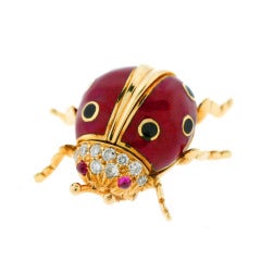 Vintage DAVID WEBB Enamel, Diamond and Ruby Ladybug Pin