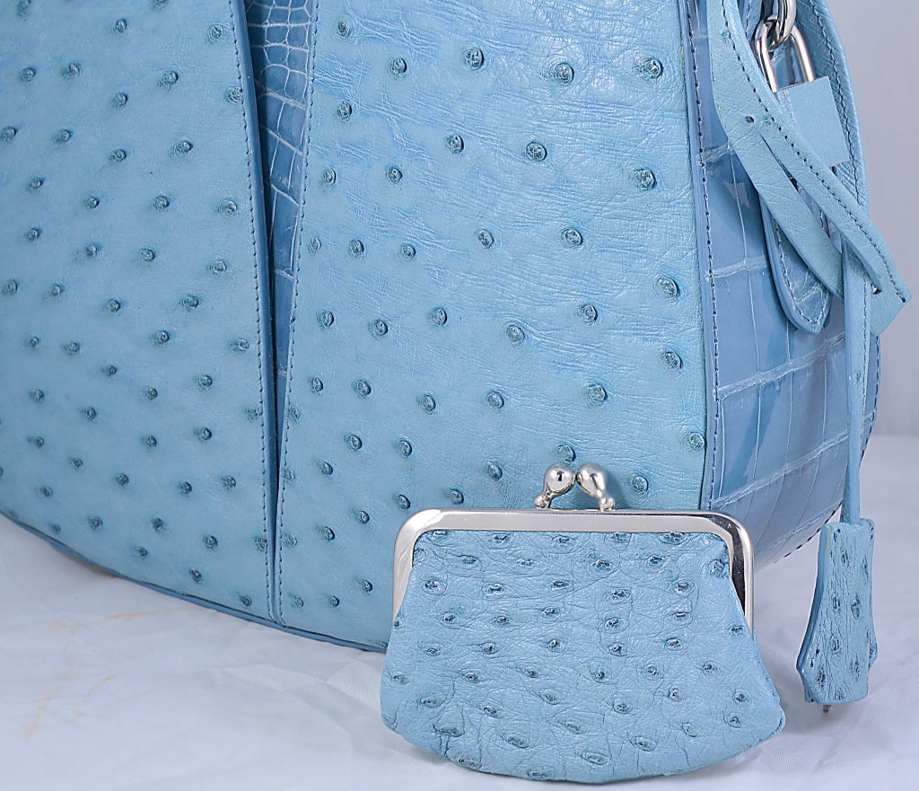 Gorgeous slate blue shoulder bag in an ostrich and alligator combination.  One main zippered compartment with two magnetic compartments on either side.  Zippered compartment has a small non-zippered compartment as well. In addition, there is a
