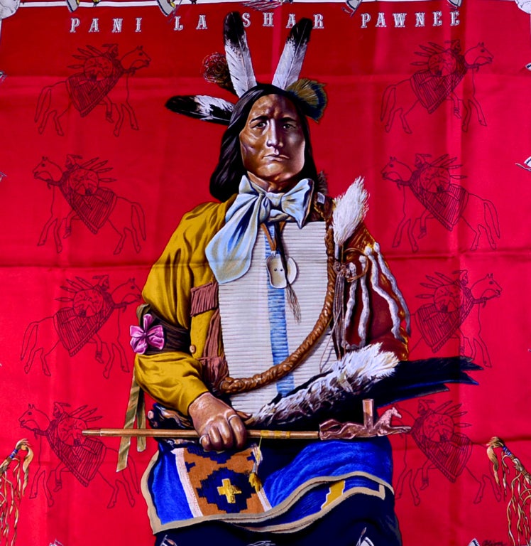 Fabulous Hermes Pani La Shar Pawnee IAmerican Indian Chief motif.  Beautiful to wear, amazing to frame.  This is a very rare and highly collectable Hermes scarf in pristine pre-owned condition. 35